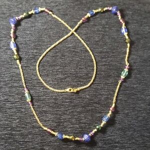 LIZ CLAIBORNE Gold Multicolor Lucite Acylic Beaded Necklace Blue Green Purple